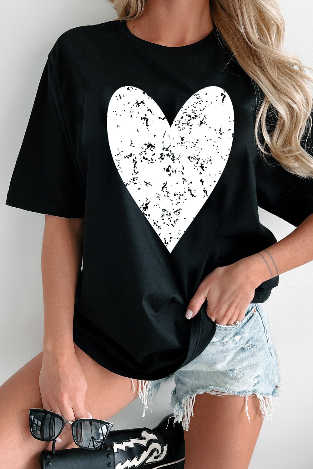 Black Valentines Heart Printed Round Neck T Shirt