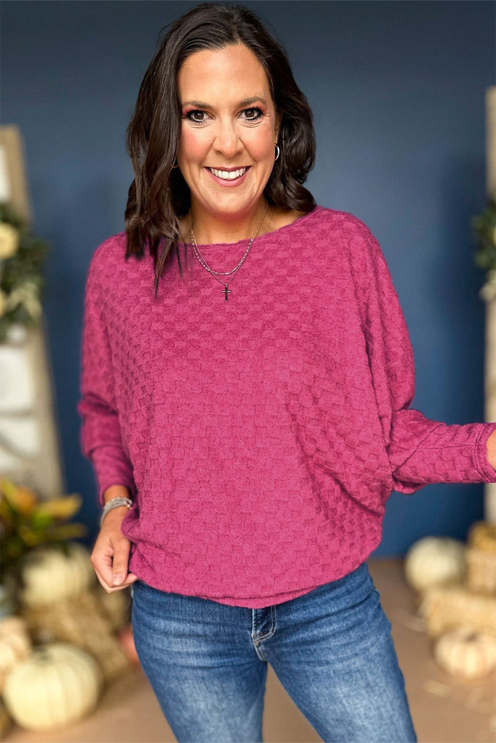 Checker Textured Dolman Sleeve Top | Bright Pink