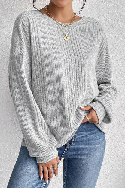 Textured Crossover Backless Knit Long Sleeve Top | Light Grey