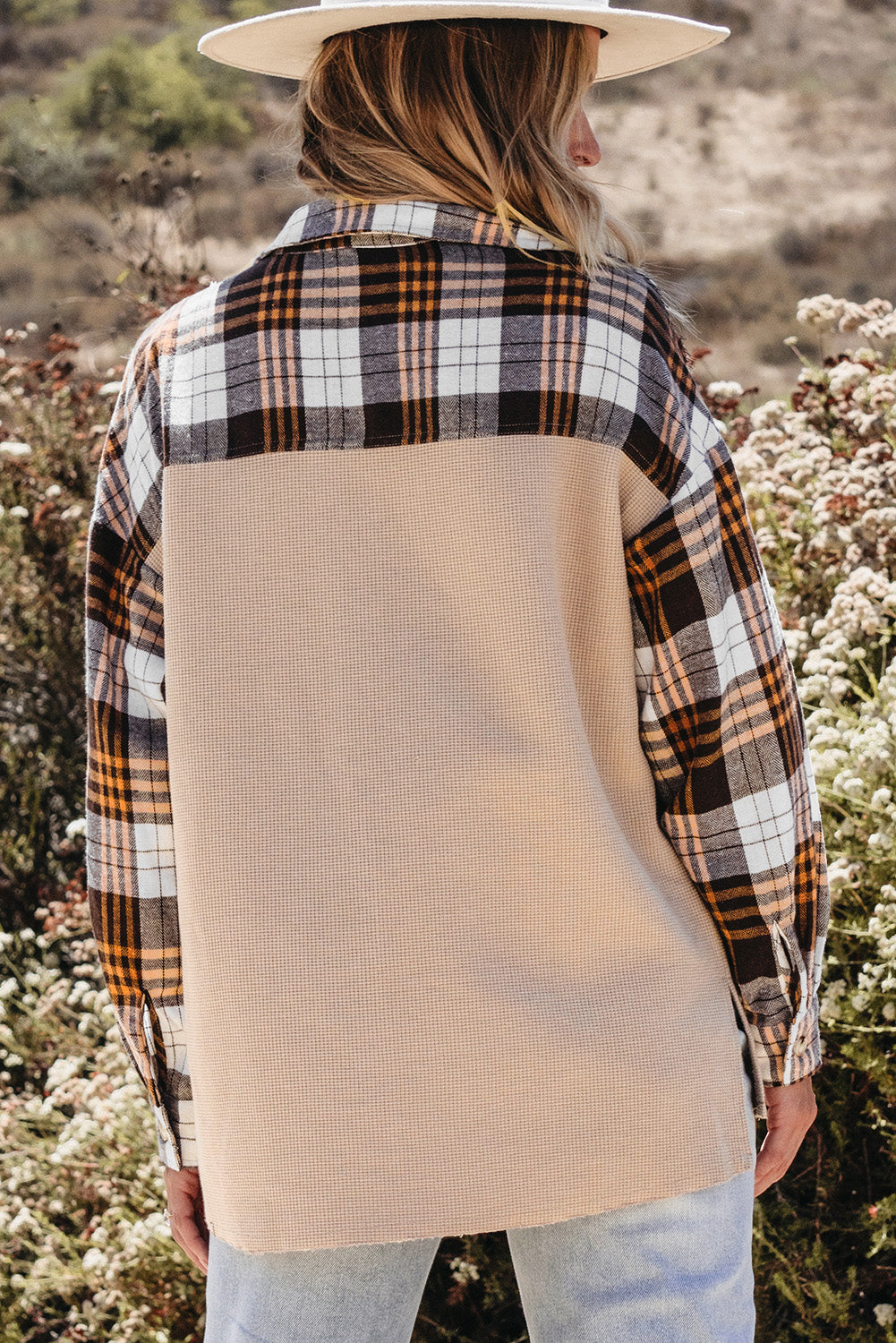 Thermal Knit Plaid Patchwork Shacket | Khaki