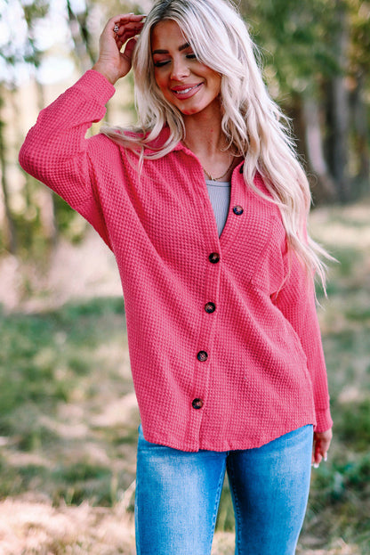 Waffle Knit Button Up Casual Shirt | Pink