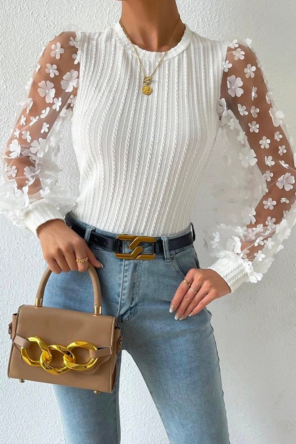 Floral Applique Mesh Sleeves Textured Knit Blouse | White