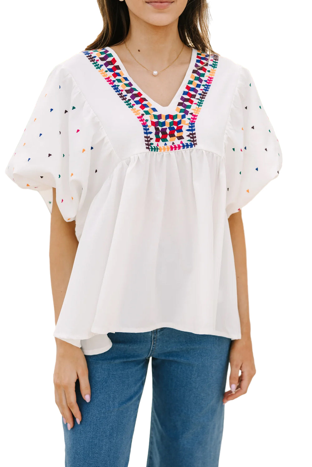 Embroidered Puff Sleeve V Neck Blouse | White