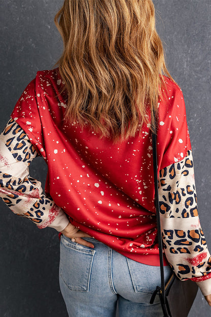 Yeehaw Cowgirl Graphic Bleached Scatter Leopard Sleeve Sweatshirt | Red