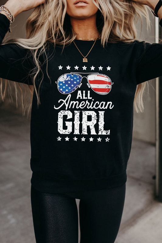 Black All American Girl Flag Graphic Print Long Sleeve Sweatshirt