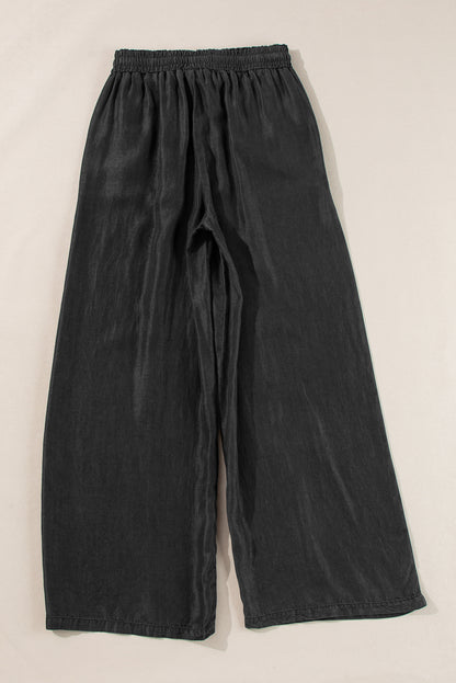 Drawstring High Waist Wide Leg Denim Pants | Black