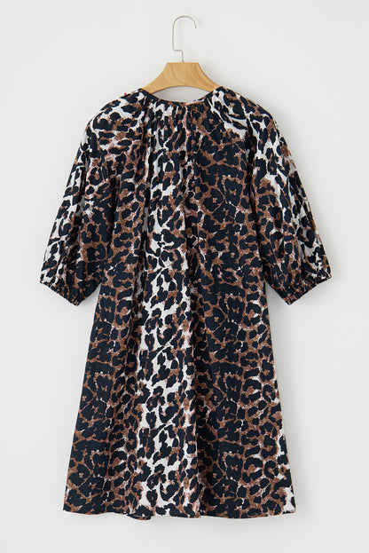 Leopard Puff Sleeve Buttons Front Shirt Dress | Black