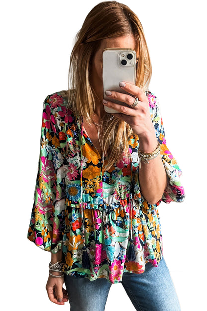 Floral Print Bubble Sleeve V Neck Ruffled Blouse | Multicolour