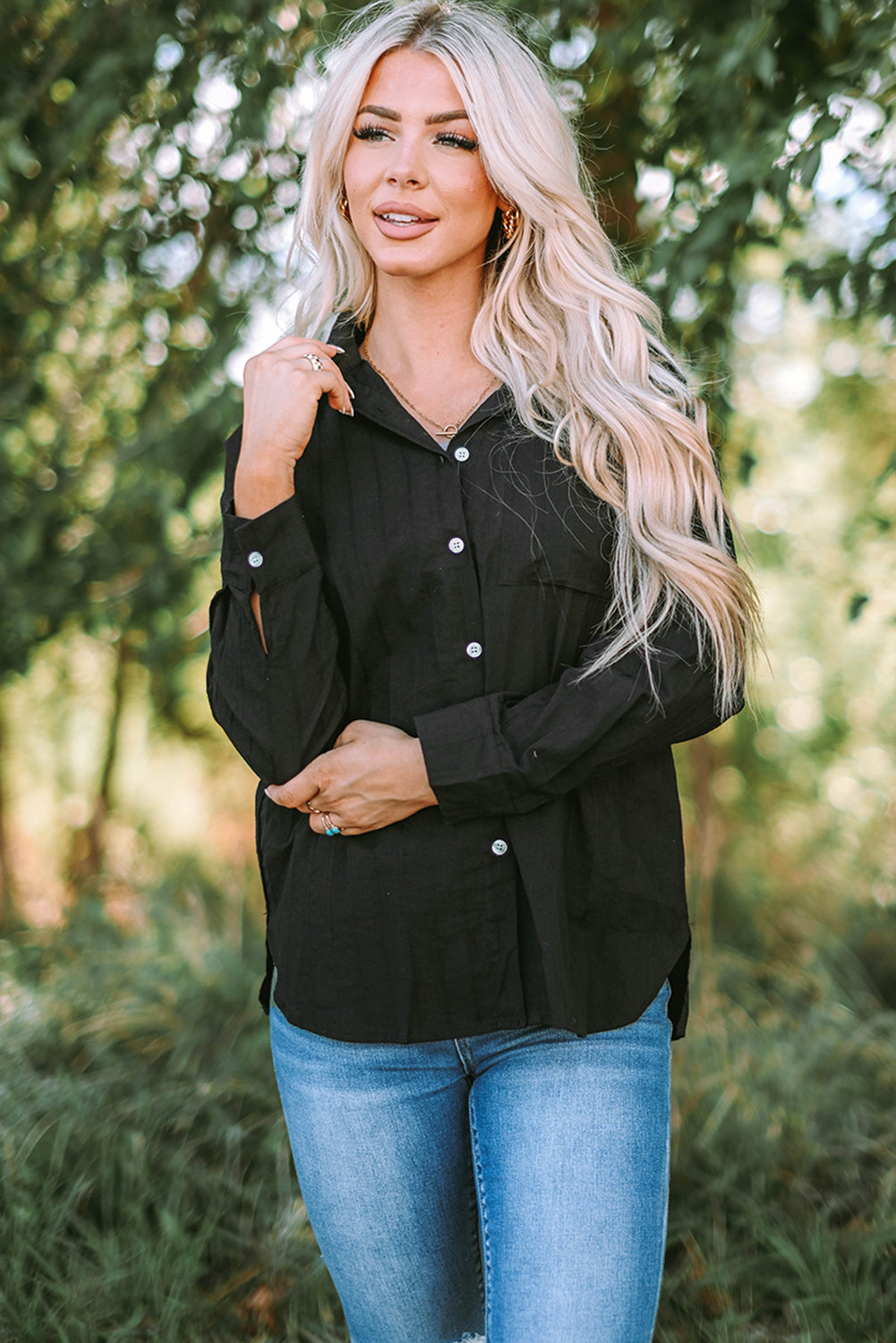 Textured Buttoned Pocket Long Sleeve Shirt | Black