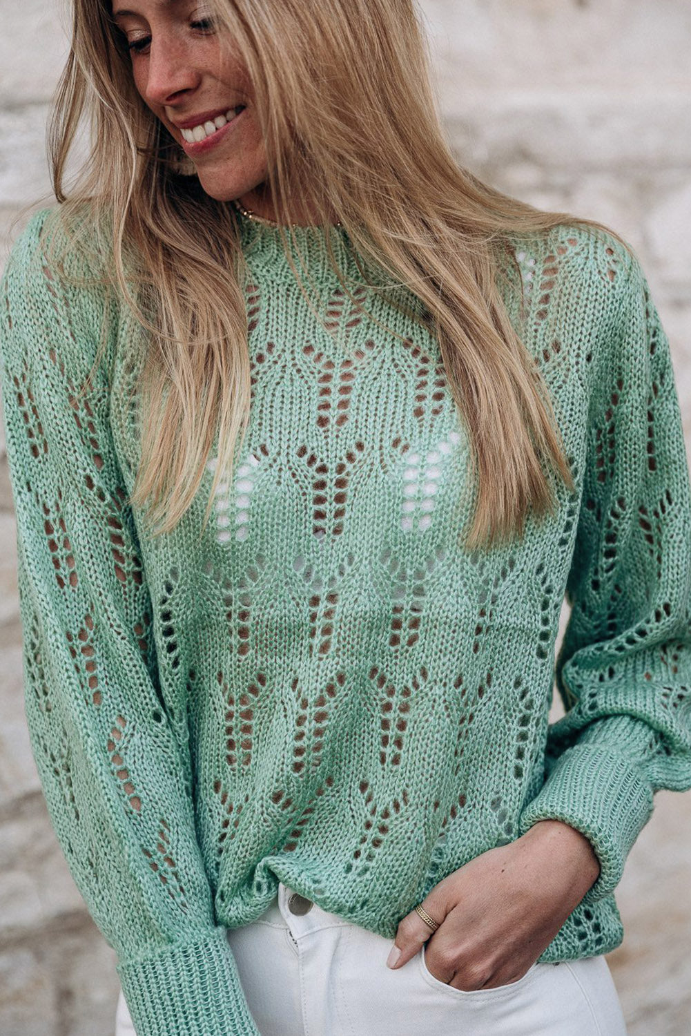 Sheer Knitted Pointelle Sweater | Green