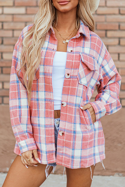 Plaid Flap Pocket Button Up Shacket | Pink