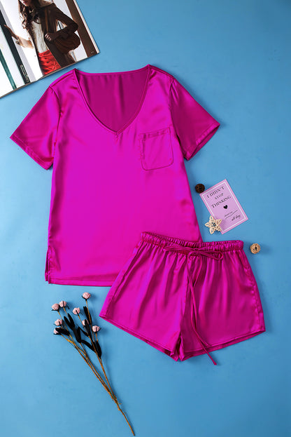 Satin V Neck Tee And Drawstring Shorts Set | Bright Pink