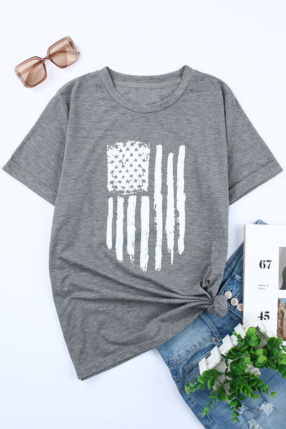 America Flag Print Crewneck T-Shirt | Gray