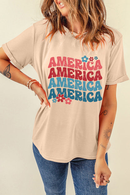 America Letter Floral Print T Shirt | Khaki