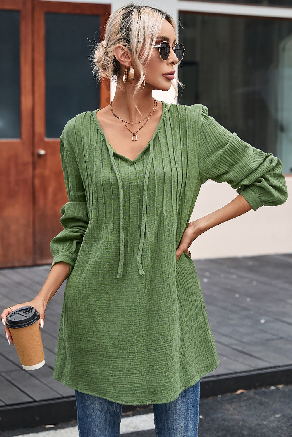 Casual Pleated V Neck Textured Loose Top | Green