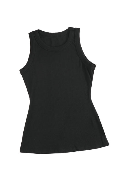 Solid  Round Neck Ribbed Tank Top | Black