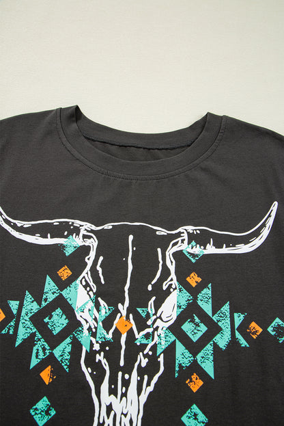 Vintage Western Bull Head Skull Turquoise Aztec Graphic T Shirt | Carbon Grey