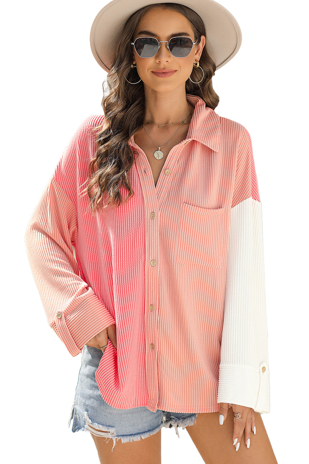 Ribbed Colourblock Drop Shoulder Shirt With Pocket | Pink