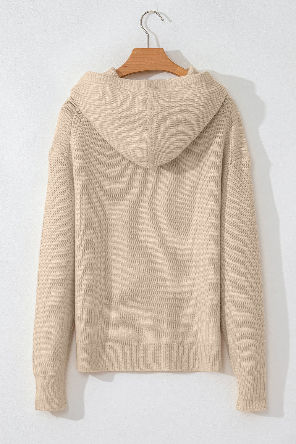 Solid Colour Drawstring Hooded Drop Shoulder Pullover Sweater | Beige