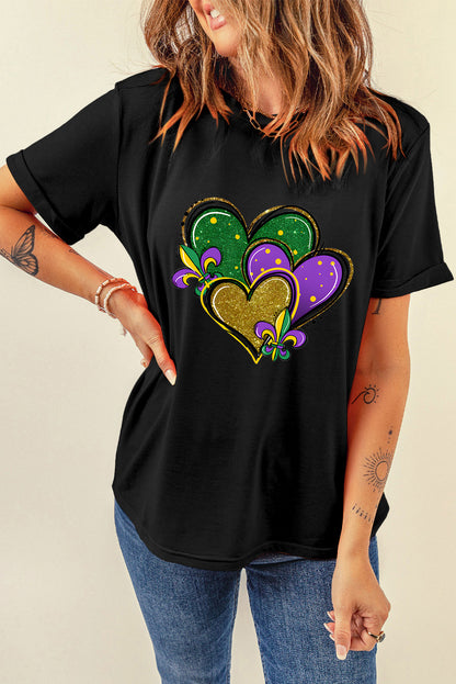 Fleur De Lis Heart Printed Mardi Gras T Shirt | Black