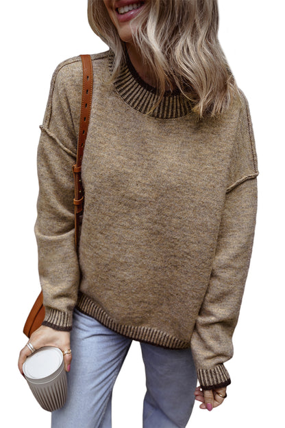 Contrast Trim Mock Neck Drop Shoulder Sweater | Pale Khaki