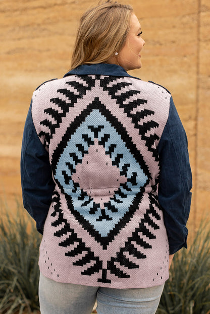 Plus Size Corduroy Jacquard Knit Aztec Back Jacket | Blue