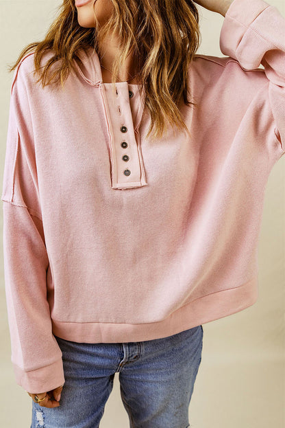 Casual Button Solid Patchwork Trim Hoodie | Pink