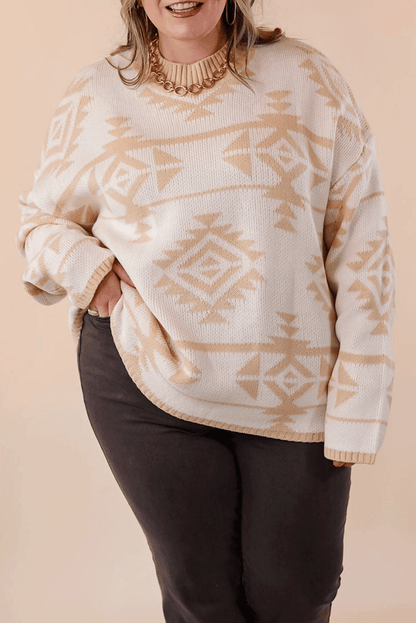 Plus Size Western Aztec Print Loose Sweater | Apricot