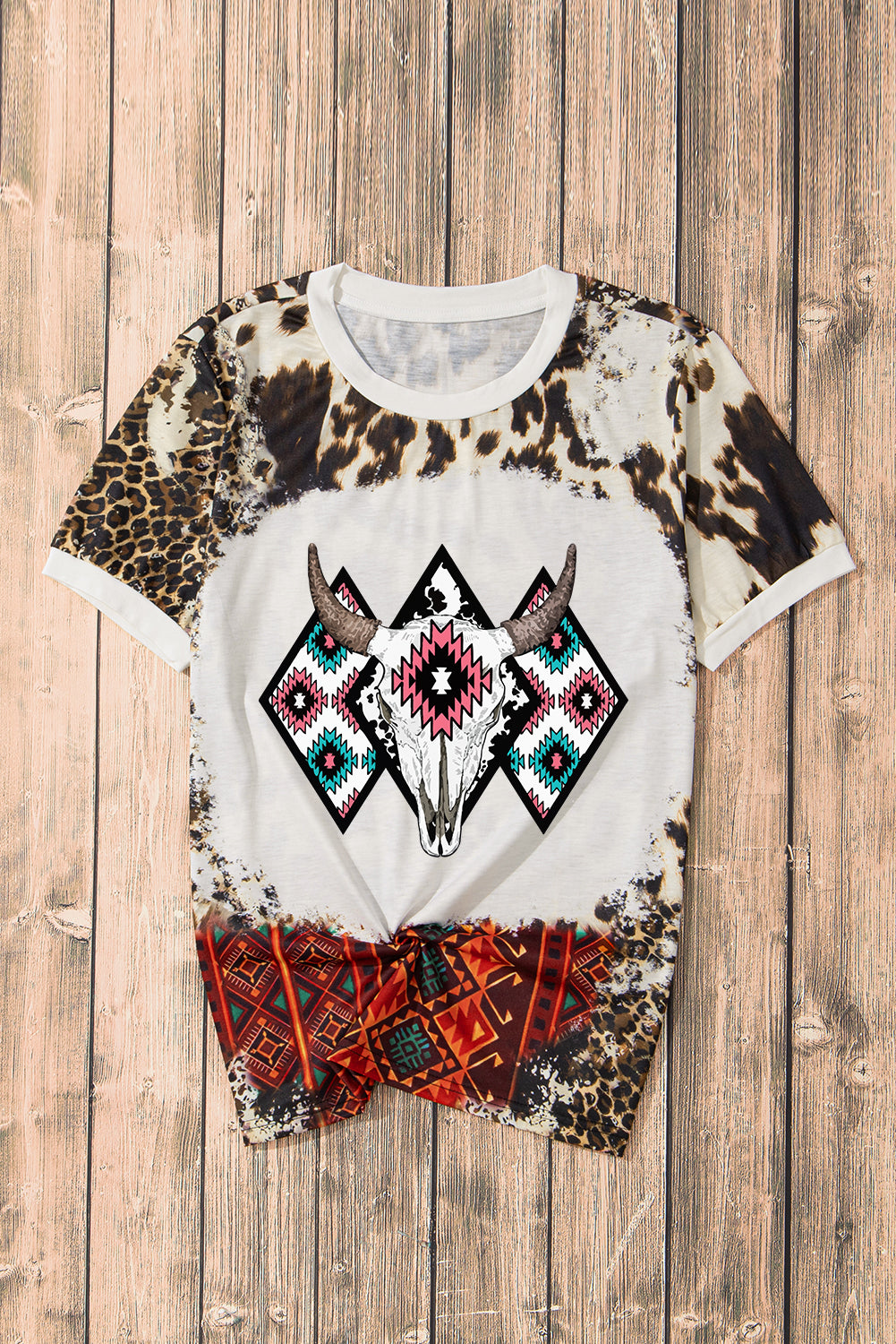 Western Aztec Steer Head Bleached Round Neck T Shirt | Dark Brown