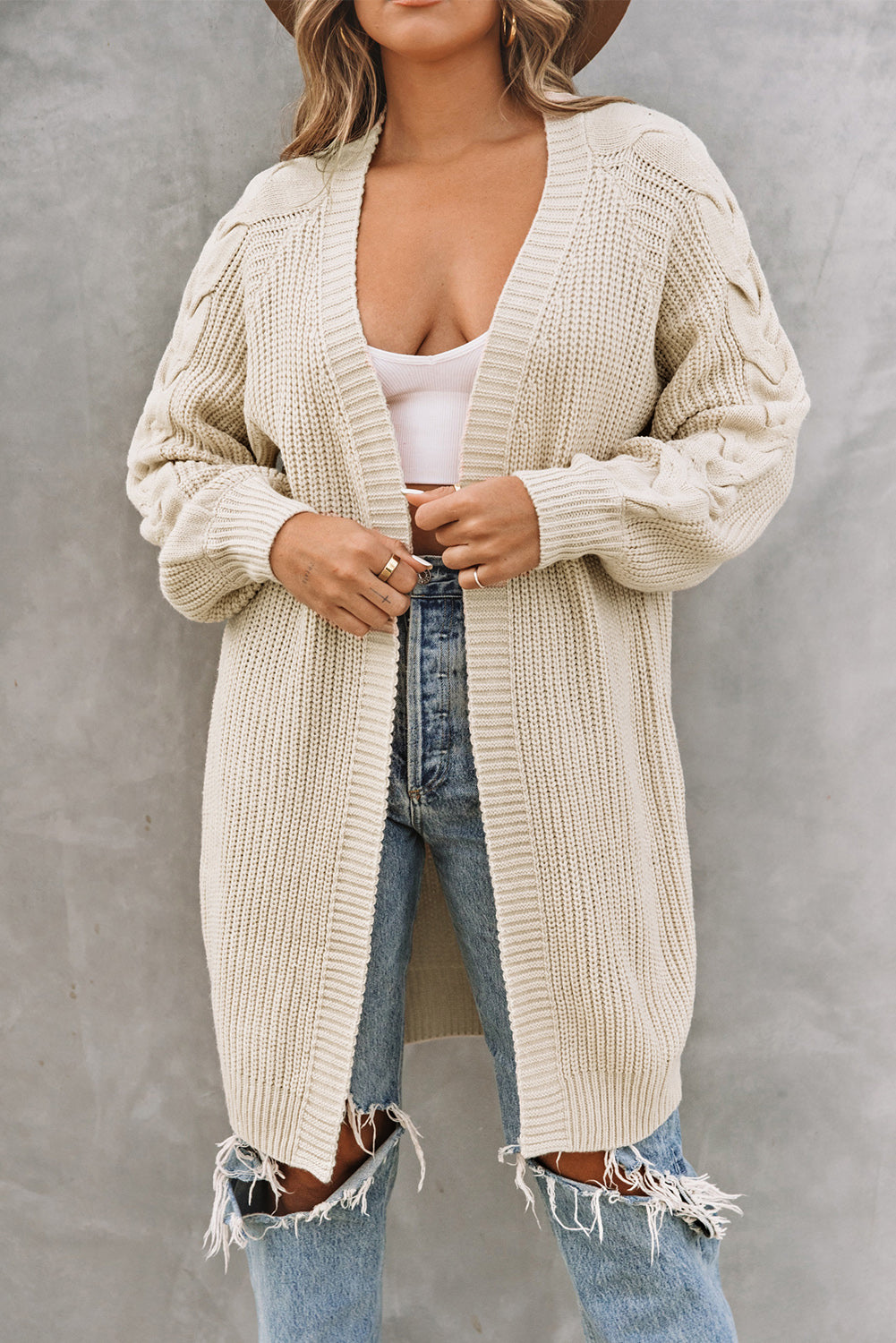 Open Front Cable Sleeve Long Cardigan | Khaki