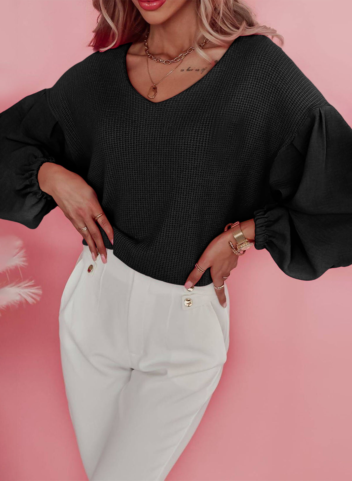 Black Waffle Knit Balloon Sleeve Splicing V Neck Top