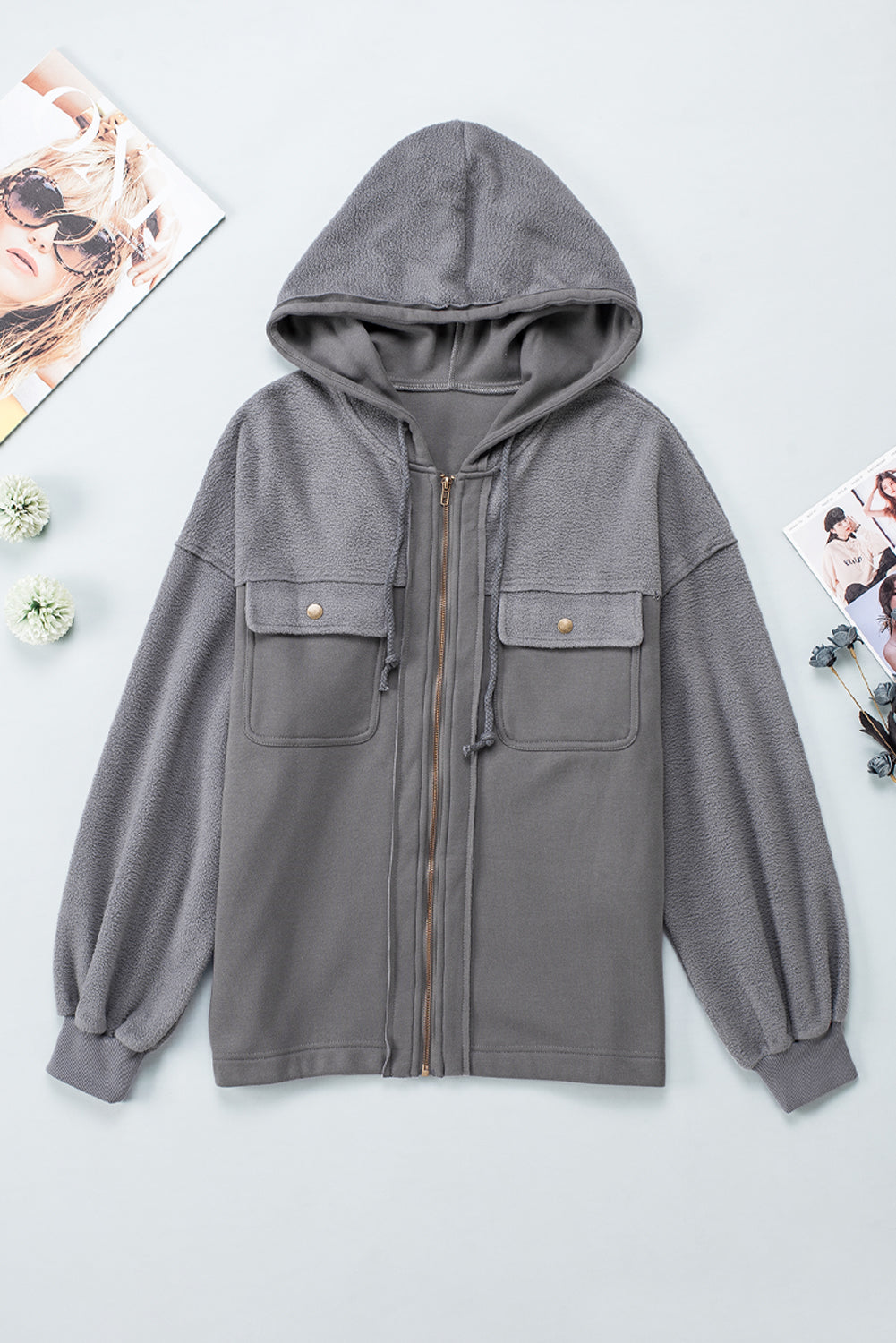 Flap Pocket Drawstring Hood Zip Up Jacket | Gray