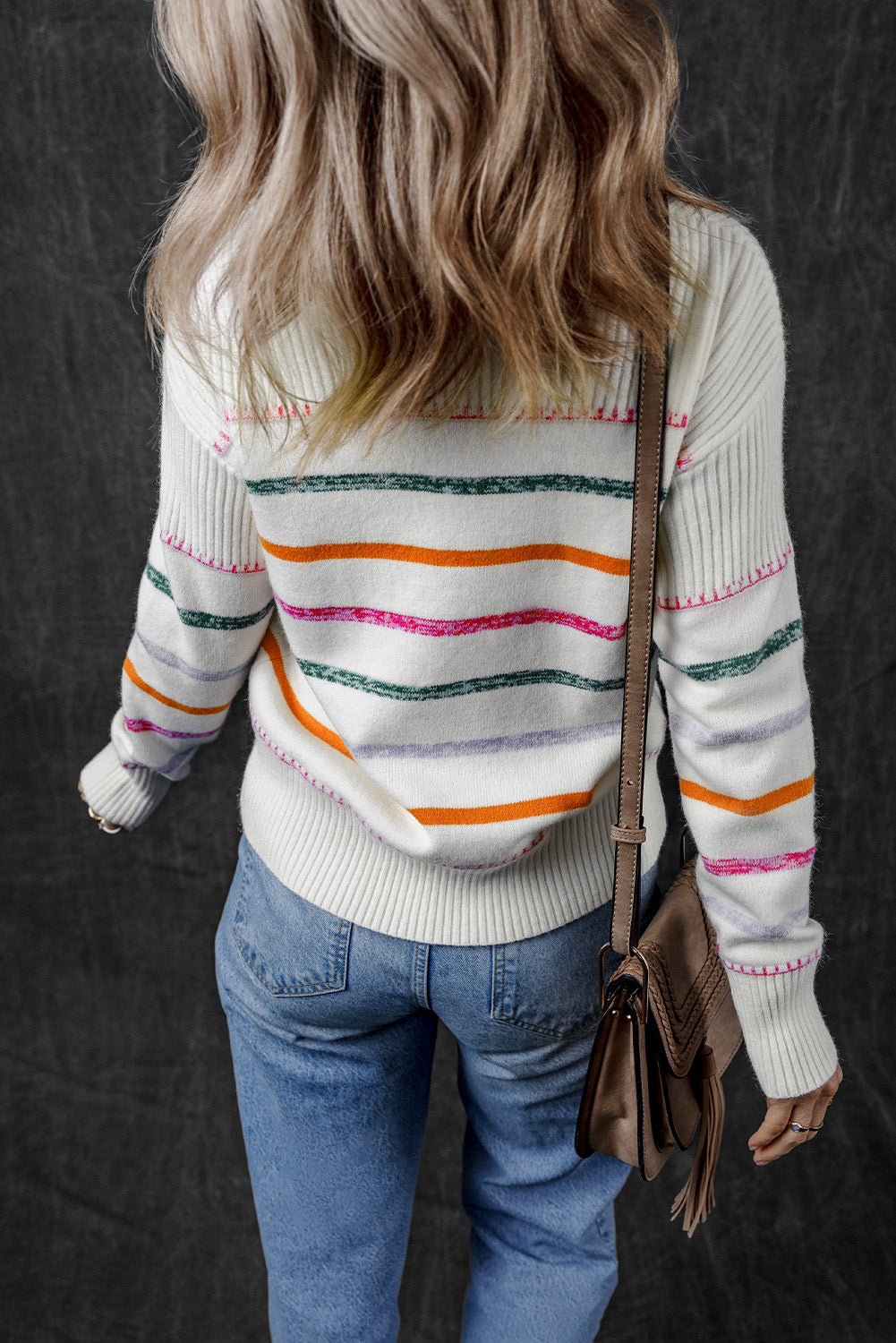 Colourful Striped Ribbed Trim Sweater | White