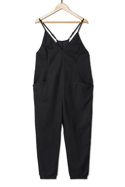 Textured Sleeveless V-Neck Pocketed Casual Jumpsuit | Black