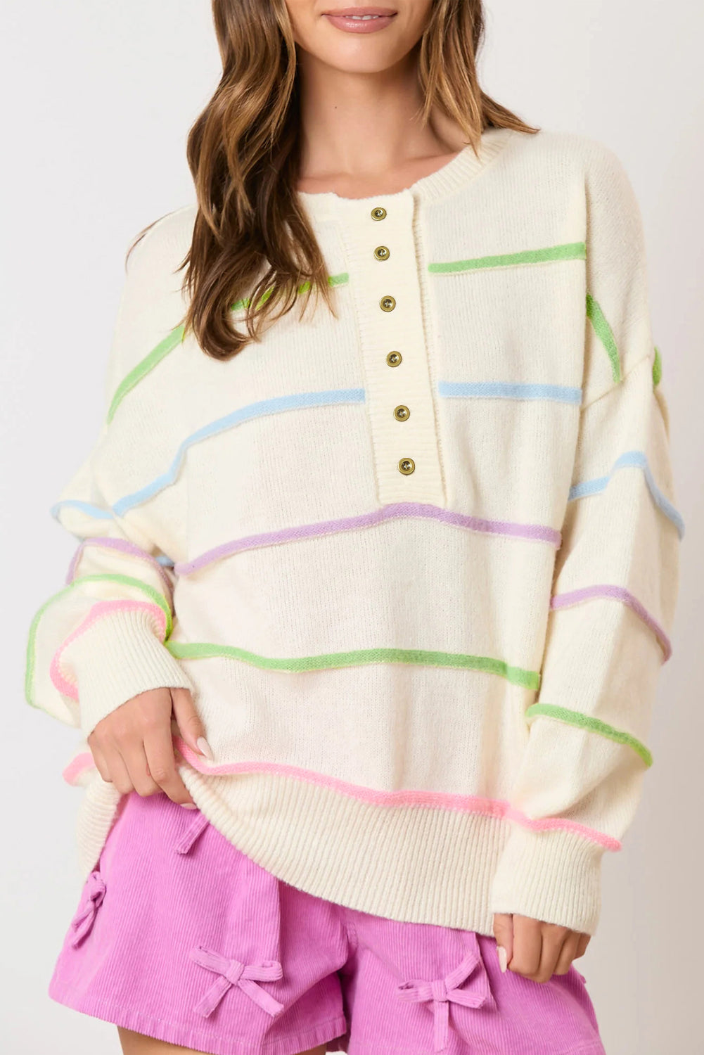 Rainbow Stripes Drop Shoulder Baggy Henley Sweater | White