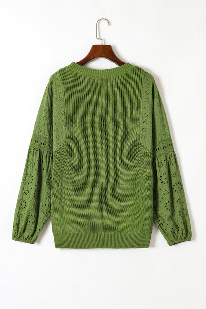 Eyelet Drop Shoulder Patchwork Pullover Sweater | Green