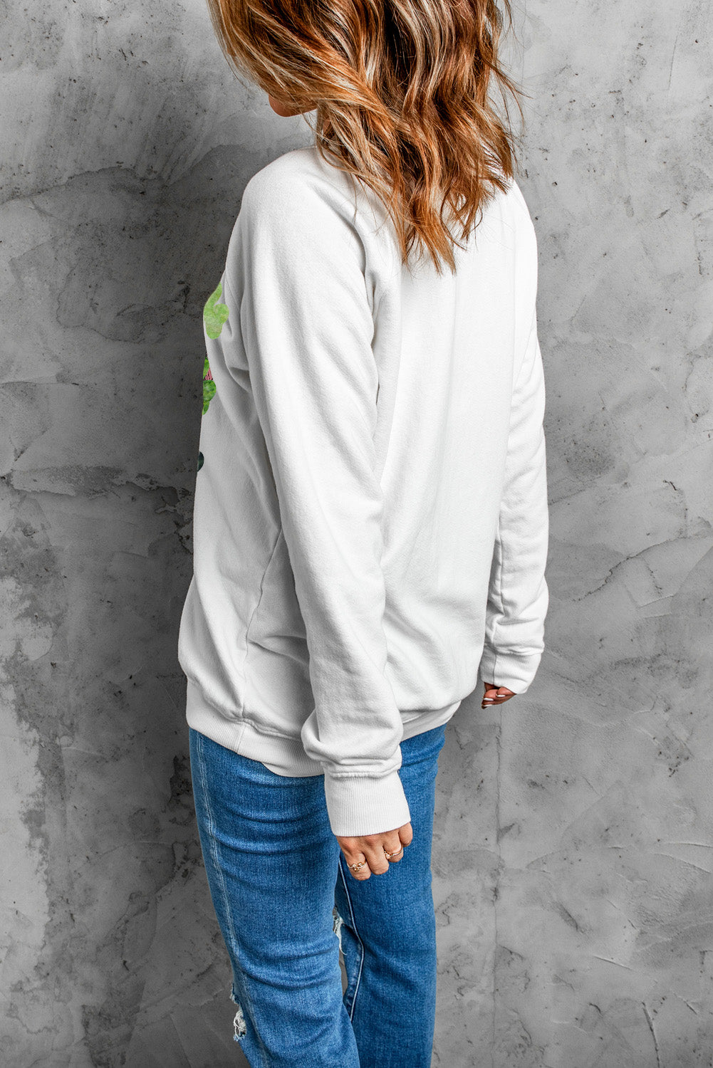 St. Patrick'S Day Clover Print Long Sleeve Sweatshirt | White