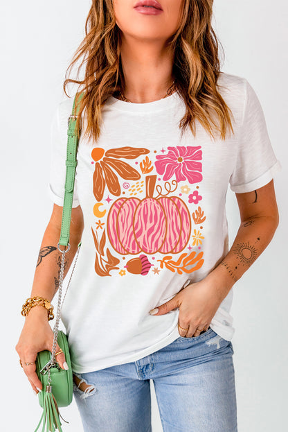 Floral Pumpkin Printed Crewneck Thanksgiving T Shirt | White