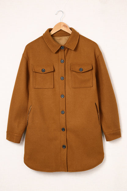 Long Sleeve Pockets Buttoned Shirt Jacket | Brown