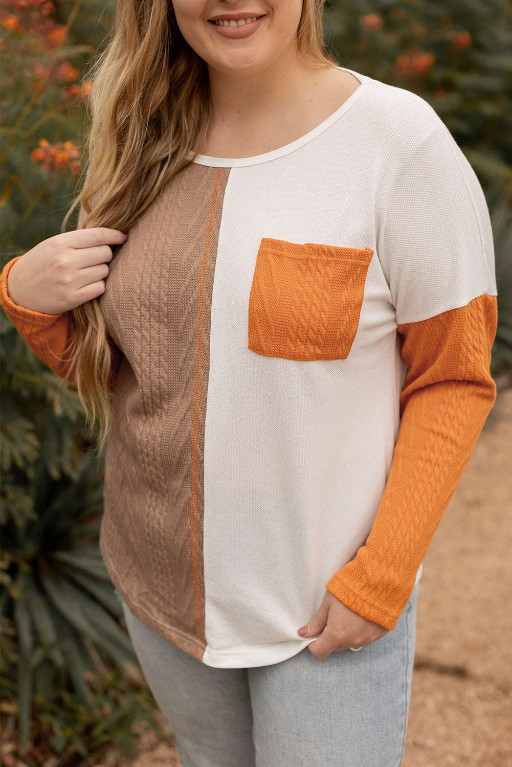 Plus Size Colour Block Textured Patchwork Top With Pocket | Chestnut