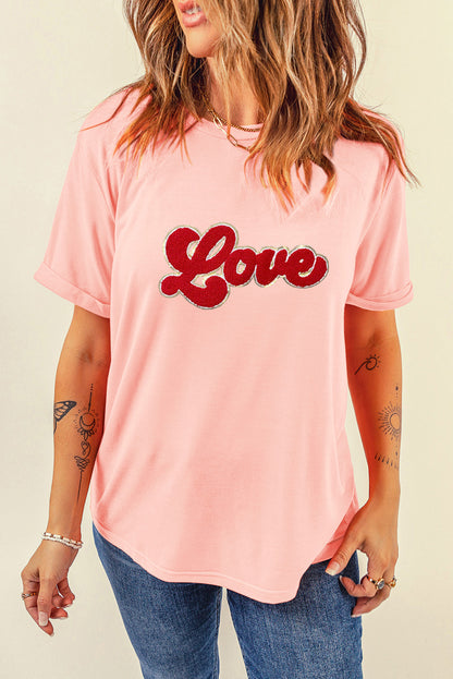 Chenille Love Patched Pattern Round Neck Valentines T Shirt | Pink