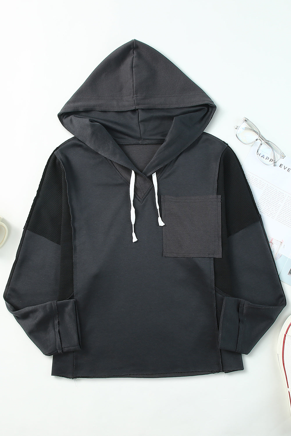 Waffle Knit Long Sleeve Drawstring Hoodie | Gray