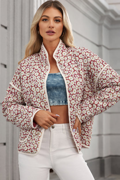 Floral Print Contrast Edge Pocketed Stand Neck Jacket | Pink