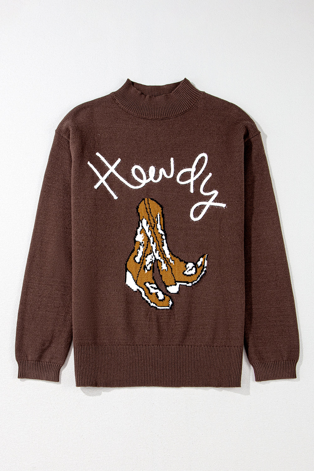 Western Howdy Boot Graphic High Neck Sweater | Coffee