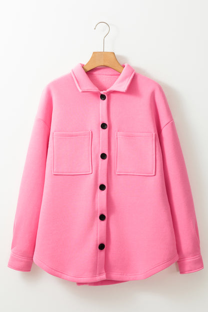 Solid Colour Pocketed Button Up Long Sleeve Shacket | Pink