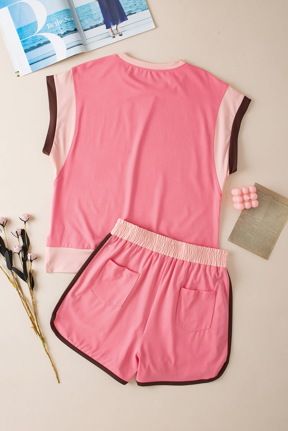 Contrast Trim Cap Sleeve Tee Shorts Set | Peach Blossom