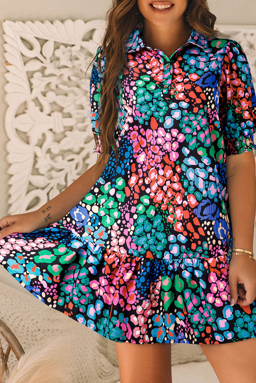 Fashion Print Smocked Half Sleeve Dress | Blue