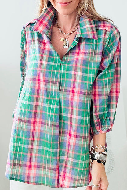 Checkered 3/4 Sleeve Collared Loose Fit Shirt | Green