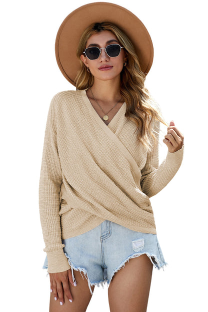 Wrap V Neck Waffle Sweater | Apricot