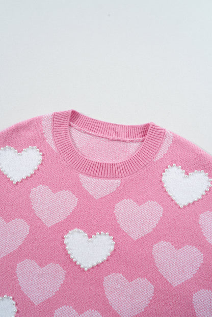 Pearled Heart Print Valentines Crew Neck Sweater | Pink